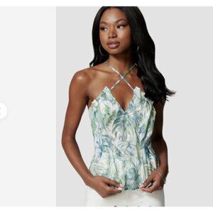 Bebe Sleeveless Blouse Tropical Chiffon Leaf Print Clear Sequins Size 6 NWT